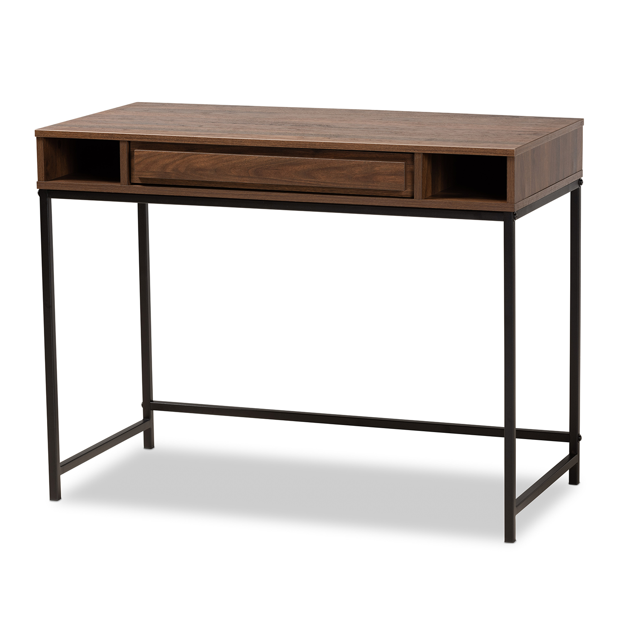 Baxton Studio Cargan Modern and Contemporary Walnut Brown Finished Wood and Black Metal 1-Drawer Desk
